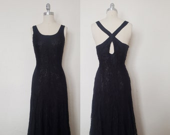 1990s Black Lace Maxi Dress by Nostalgia, Small to Medium | 90s Vintage Scoop Neck Rayon Dress (S, M, 36-28-50)