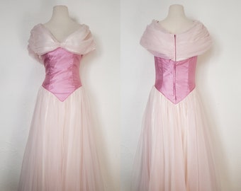 1980s Pink Satin Princess Gown, Small to Medium | 80s Vintage Tulle Bridesmaids Dress (S, M, 36.5-30-Free)