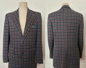 1960s Knit Plaid Sport Coat by Travelknit for Sears, Size Medium to Large | 60s Blue, Red, and Yellow Blazer (M, L, 44 Chest)