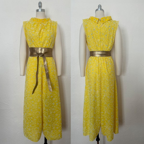 1960s Mod Yellow Cotton Flocked Jumpsuit, Small to Medium | 60s Vintage Wide Leg Jumpsuit w/ Turquoise & White Print (S, M, 40-37-42)