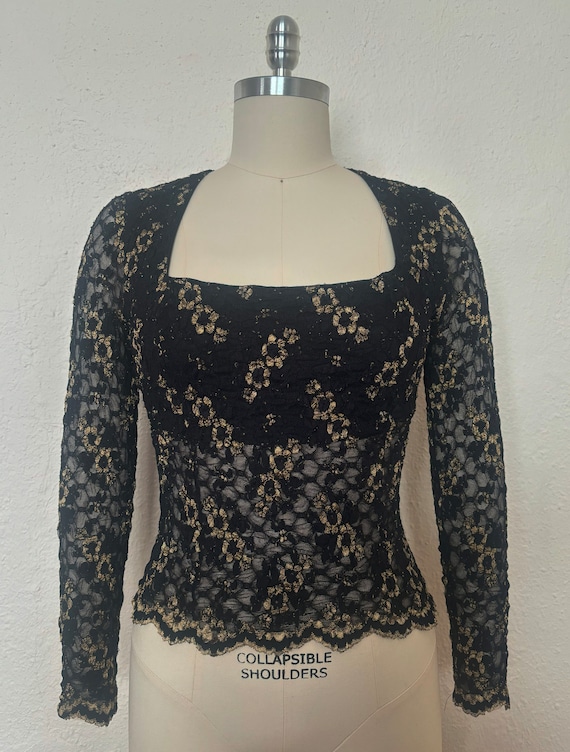 1990s Black and Gold Stretch Lace Top by Moda Int… - image 2