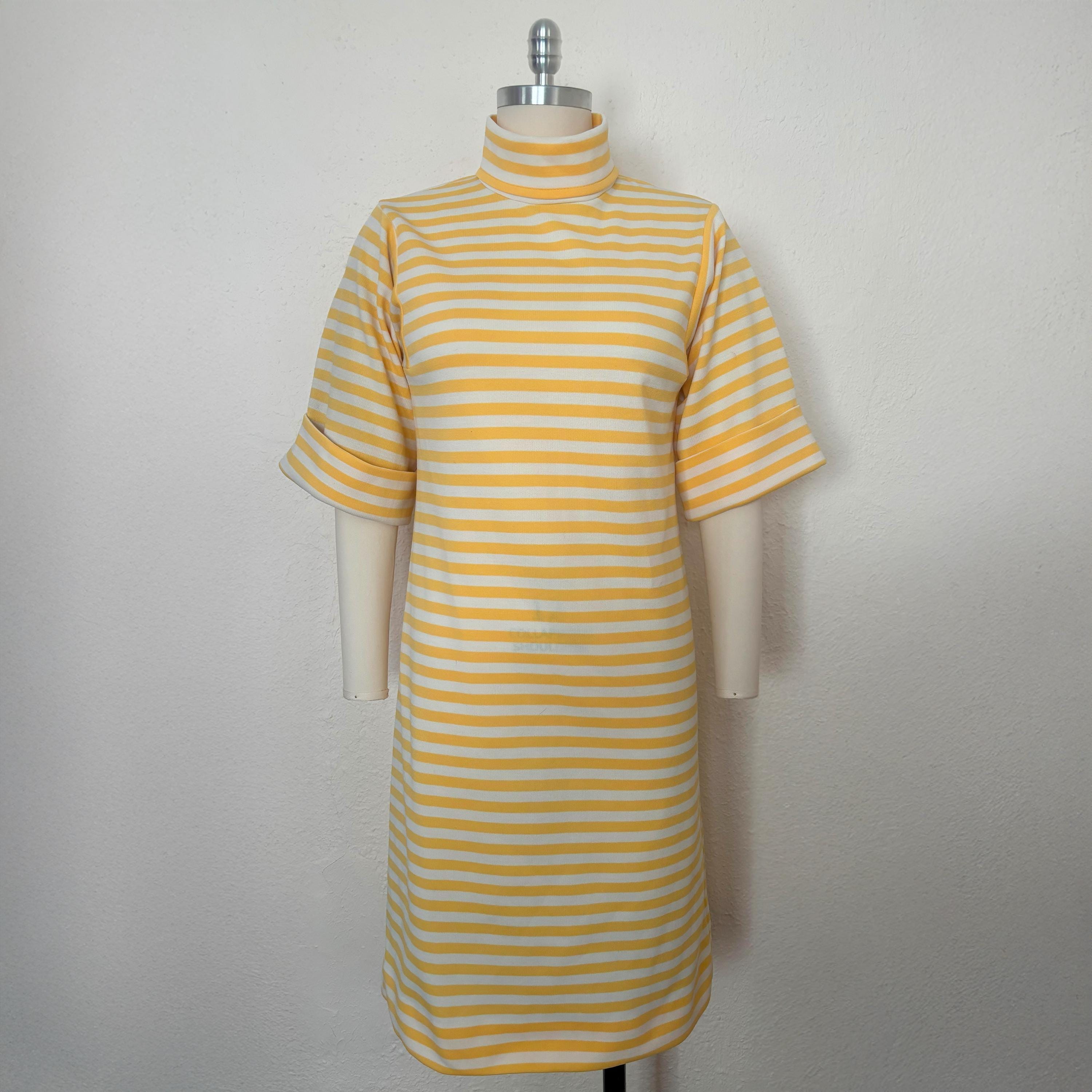 1960s Yellow and White Mod Knit Dress, Medium to Large | 60s Vintage Striped Mock Neck Shift Dress (M, L, 38-36-39)