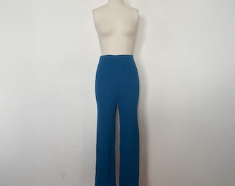 1960s Blue Sweater Knit Pants, by Ladybug, Small to Medium | 60s Vintage High Waist Knit Loungewear (S, M, 28-36)