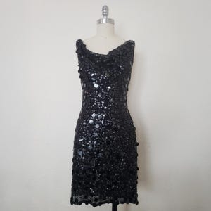 NWT 1990s Black Sequin Mesh Cocktail Dress by Cache, Extra Small to Small | 90s Vintage Paillette Embellished Mini Dress (XS, S Open-26-36)