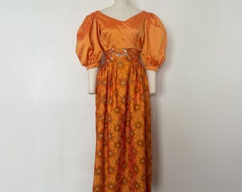 1980s Orange Silk Custom Made Blouse and Skirt Set, Small to Medium | 80s Beaded Printed Silk 2-Piece Dress (S, M, 38-29-Free)