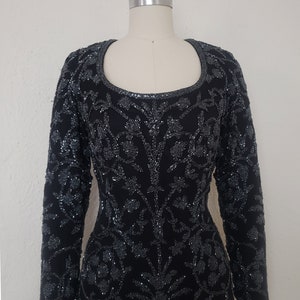 1990s Black Beaded Cocktail Dress by Oleg Cassini, Small to Medium 90s Vintage Pewter Beaded Dress S, M, 38-28-38 image 3