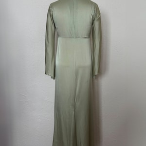 Back view of 2000s y2k vintage new with tags sage green silk charmeuse robe by Patricia Fieldwalker, size medium to large.
