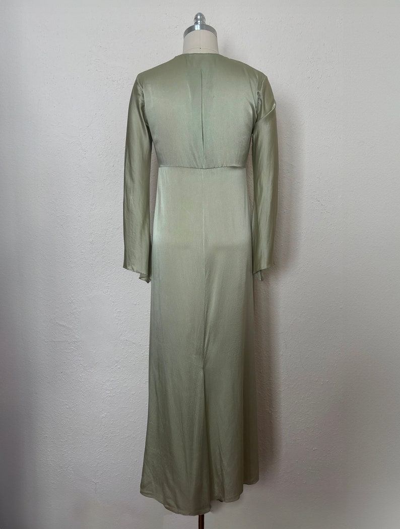 Back view of 2000s y2k vintage new with tags sage green silk charmeuse robe by Patricia Fieldwalker, size medium to large.