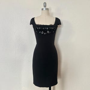 1990s ESCADA Black Beaded Cocktail Dress, Extra Small to Small | 90s Vintage Silk Dress w/ Silver Embroidery (XS, S, 34-27-36)
