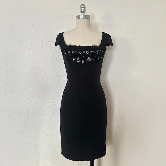 1990s ESCADA Black Beaded Cocktail Dress, Extra Small to Small | 90s Vintage Silk Dress W/ Silver Embroidery (XS, S, 34-27-36)
