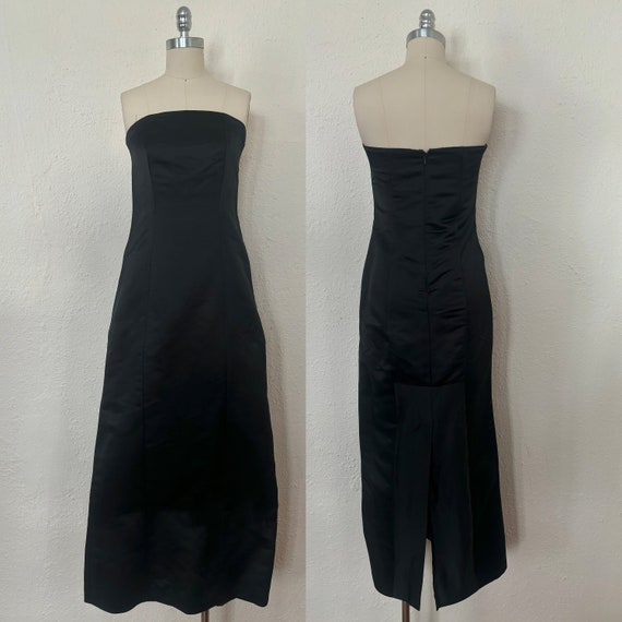 Vintage Strapless Black Satin Beaded A Line Long Party Dress Evening Dress main image 1