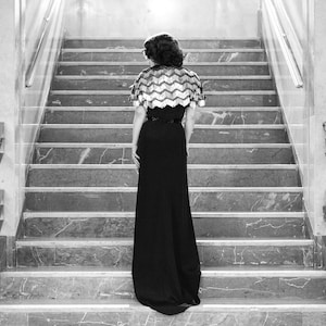 May include: A black and white photograph of a person standing on a marble staircase. The person is wearing a long black dress and a decorative cape with a zigzag pattern. The staircase has a curved metal railing.