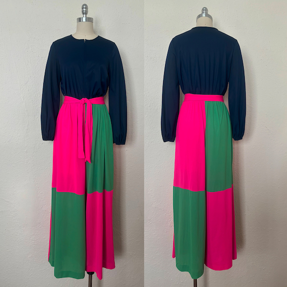 1960s Navy, Pink, and Green Nylon Jumpsuit by Gos… - image 1