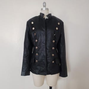 1990s Military Style Black Leather Jacket w/ Gold Buttons, Medium to Large | 90s Black Double Breasted Leather Coat (M, L, 40-35-44)