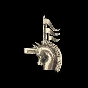 1960s Silver Tone Novelty Knight Tie Clip | 60s Vintage Custom Made Horse Head and Flag Tie Clip