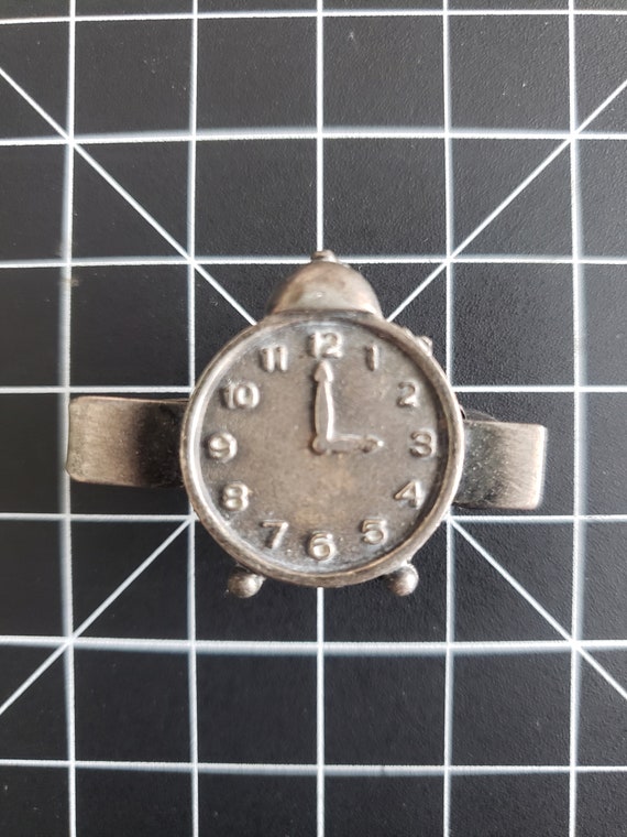 1960s Pewter Clock Tie Clip | 60s Vintage Alarm C… - image 1