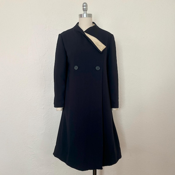 Geoffrey Beene, RARE 1960s Early Geoffrey Beene Navy Wool Coat Dress, Small to Medium | 60s Vintage Blue Wool & Cream Silk Satin Mod Dress (S, M, 38-36-44)