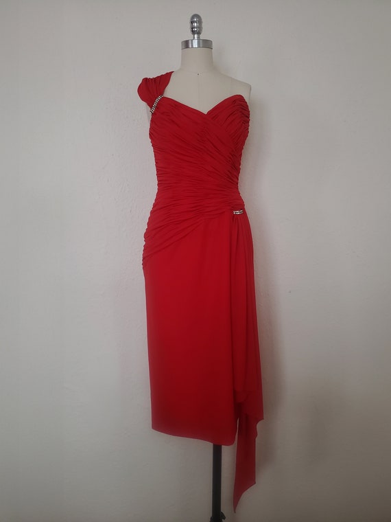 1990s Red Asymmetrical Cocktail Dress by Oleg Cas… - image 2