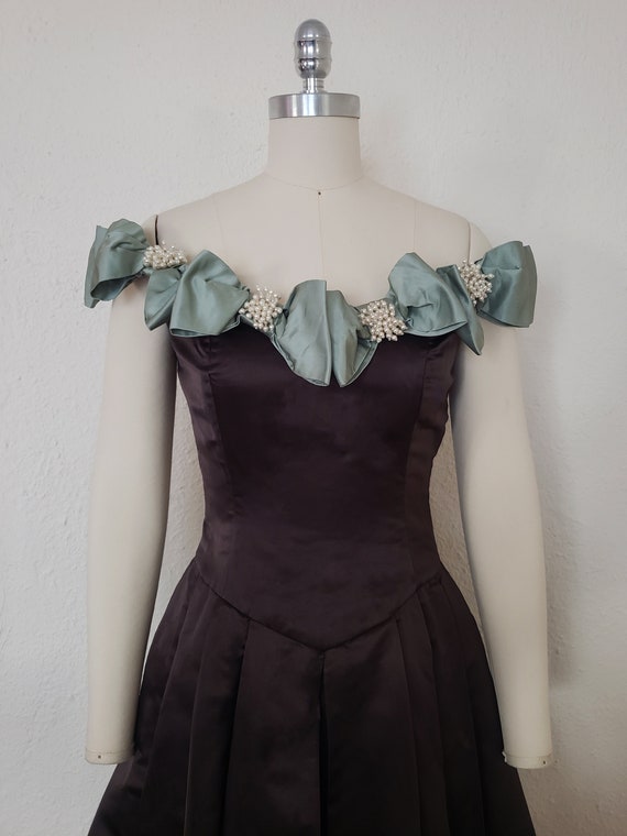 1990s Brown Silk Satin Couture Dress, Extra Small… - image 3