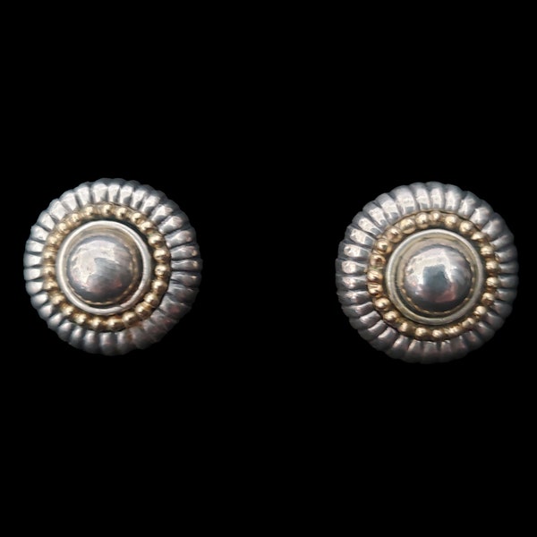 1990s Flli Menegatti Sterling and 14k Gold Clip-On Earrings | 90s Vintage 925 Round Fluted Two Tone Earrings