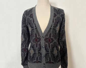 1980s Gray, Black, Burgundy, and Yellow Men's Cardigan by Jantzen, Size L | 80s Vintage V-Neck, Button Front Men's Sweater