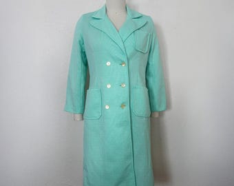 1960s Mint Mod Knit Coat by Grant Ave Fashions, Small to Medium | 60s Vintage Pale Green Double Breasted Jacket (S, M, 38-34-42)