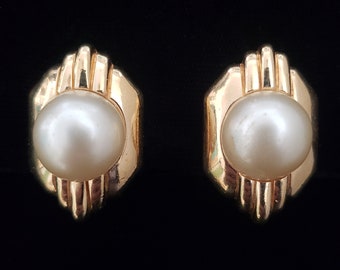 1980s Ciner Clip Earrings | 80s Vintage Deco Style Gold Tone and Pearl Earrings