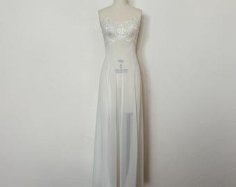 NWT 2000s White Georgette and Lace Nightgown by Jane Woolrich, Extra Small to Small | Y2K Vintage Long Sheer Gown  (XS, S, 36-34-68)