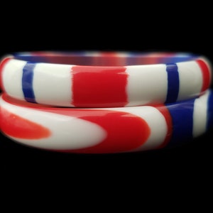 1960s Red, White, and Blue Plastic Bangle Pair 60s Vintage Marbled and Striped Two 2 Bracelet Stack Set image 1