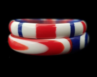 1960s Red, White, and Blue Plastic Bangle Pair | 60s Vintage Marbled and Striped Two (2) Bracelet Stack Set