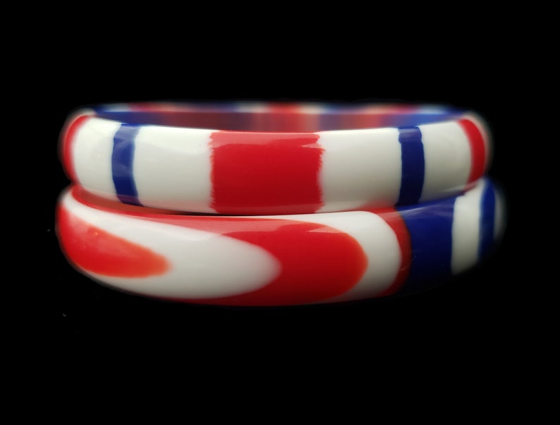 1960s Red, White, and Blue Plastic Bangle Pair 60s Vintage Marbled and Striped Two 2 Bracelet Stack Set image 1