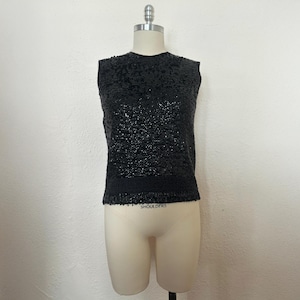 1960s Black Sequin Sweater Shell, Small to Medium | 60s Vintage Black Floral Beaded Fringe Top (S, M, 38+-34+)