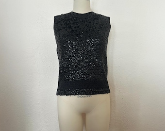 1960s Black Sequin Sweater Shell, Small to Medium | 60s Vintage Black Floral Beaded Fringe Top (S, M, 38+-34+)