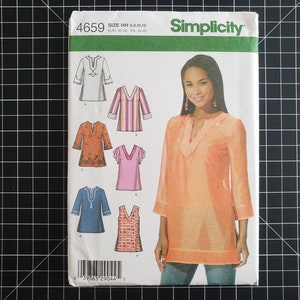 May include: Simplicity sewing pattern 4659 featuring various tunic designs. The pattern includes illustrations of tunics in different colors and styles, with a woman wearing an orange tunic. The pattern is on a white background with a black grid.