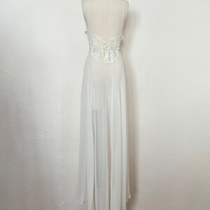 Back view of 2000s y2k vintage new with tags white georgette and lace sheer floor length nightgown with train by Jane Woolrich, size extra small to small.