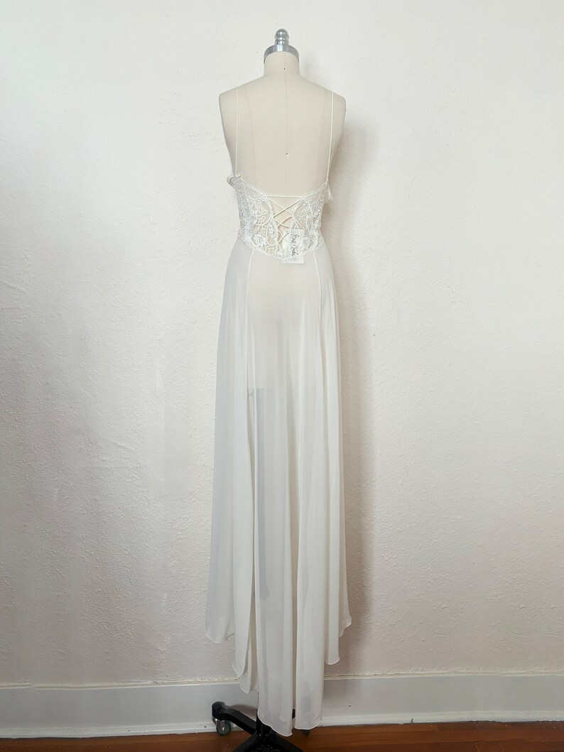 Back view of 2000s y2k vintage new with tags white georgette and lace sheer floor length nightgown with train by Jane Woolrich, size extra small to small.