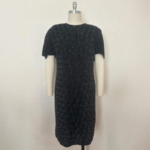 1990s Black Sequin Cocktail Dress, Large to Extra Large| 90s Vintage Leaf Pattern Beaded Dress (L, XL, 46-44-46)