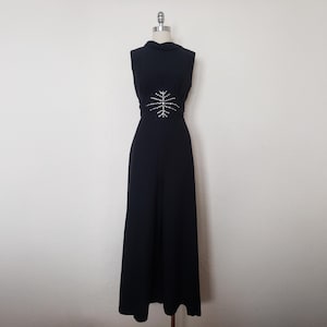 1960s Black Rhinestone Embellished Jumpsuit, Small to Medium | 60s Vintage Pantsuit w/ Starburst Midriff (S, M, 36-28-42)