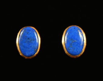 1980s Gold and Lapis Stud Earrings | 80s Vintage Oval 10kt Earrings