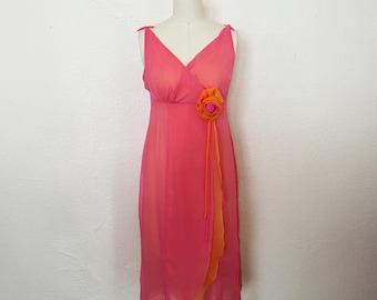 1970s Chiffon Nightgown, Extra Small to Small | 70s Vintage Pink and Orange Night Gown (XS, S, 36-28.5-41)