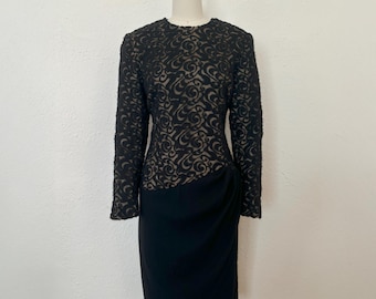 1990s BALMAIN Ivoire Black Wool Cocktail Dress, Small to Medium | 90s Vintage Black Lace Long Sleeve Dress (S, M, 36-30-40)