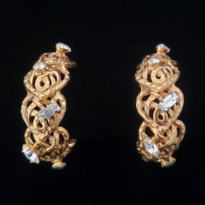1980s Brutalist Gold Tone Clip-on Earrings | 80s Vintage Large Rhinestone Clip Hoop Earrings