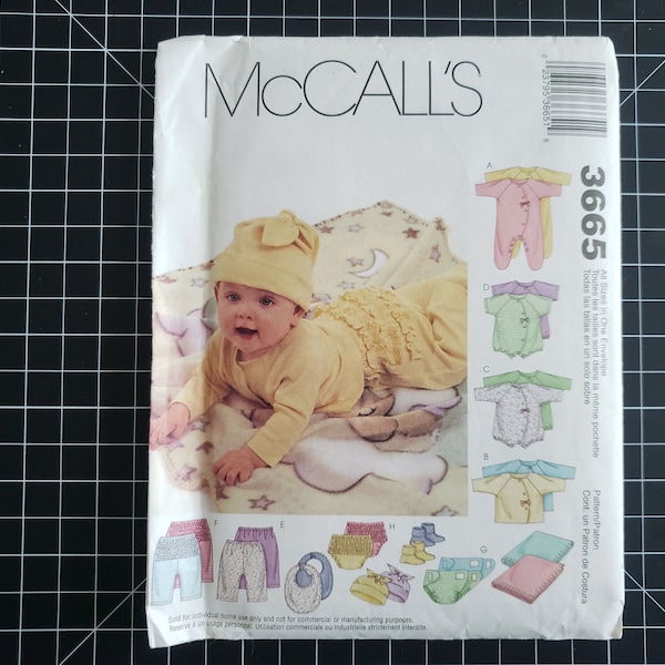 Uncut McCall's 3665 Baby's Layette Pattern, One Size, Factory Folded | Baby's Onesie, Top, Pants, Beanie, Bib, Booties, Ruffled Diaper Cover