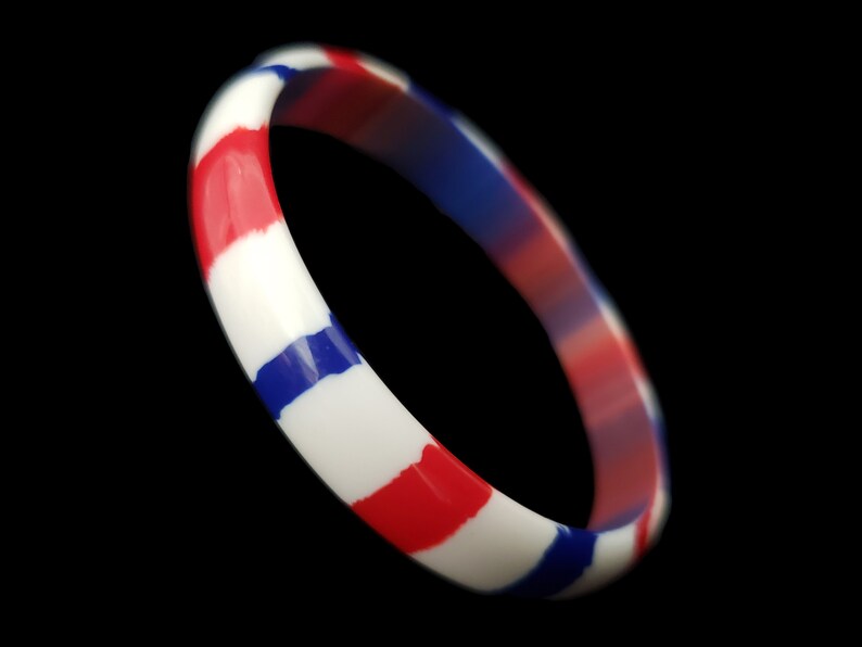 1960s Red, White, and Blue Plastic Bangle Pair 60s Vintage Marbled and Striped Two 2 Bracelet Stack Set image 3