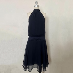 2000s Navy Silk Cocktail Dress by Banana Republic, Extra Small to Small | Y2k Vintage Dark Blue High Neck Drop Waist Dress (XS,S, 34-28-42)