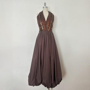1970s Brown Bubble Hem Dress by Lillie Rubin, Extra Small to Small | 70s Vintage Sequin Halter Dress (XS, S, 36-26-Free)