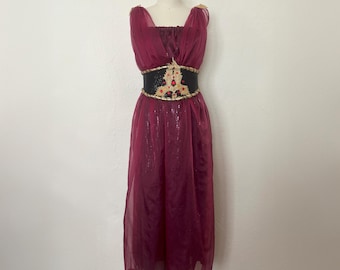 1990s Burgundy Organza Fantasy Gown, Medium to Large | 90s Vintage Grecian Draped Sequin Costume Dress  (M, L, up to 44-36-50)