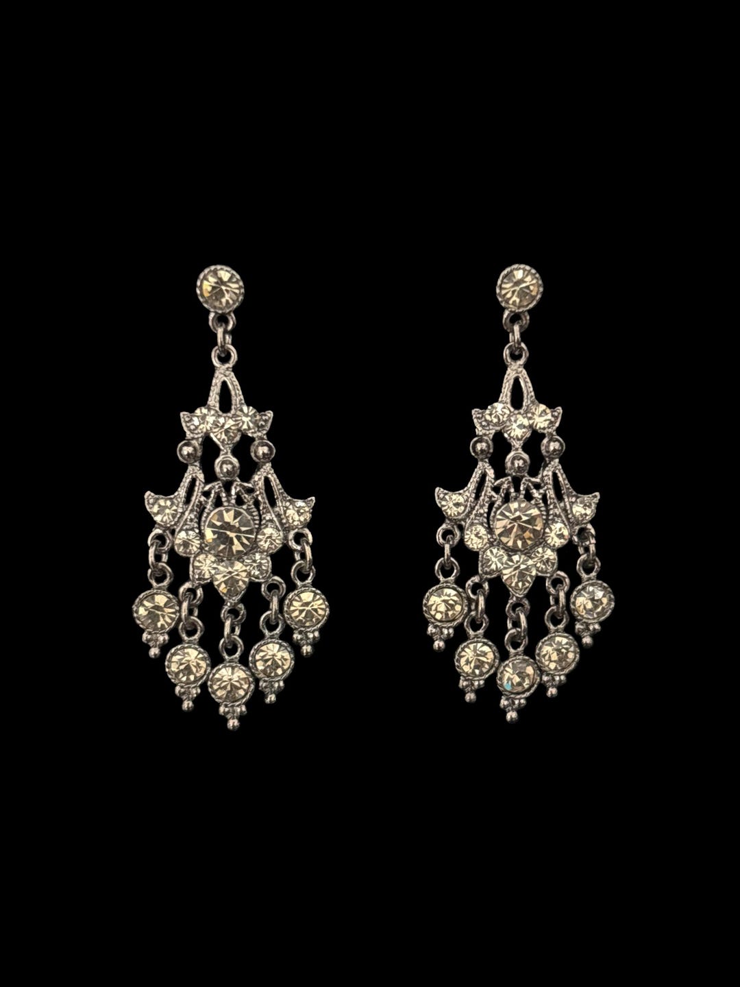 2000s Pewter Tone and Gray Rhinestone Chandelier Earrings | Y2K Vintage ...