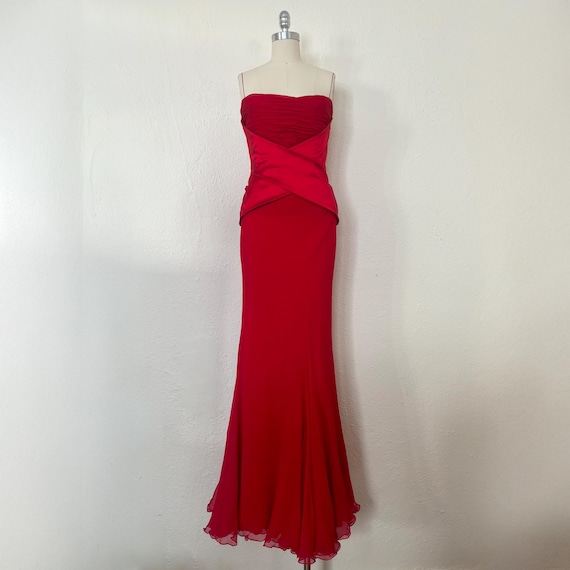 sachin and babi light blue dress 2000s Danes NYC Red Silk Chiffon Gown, Extra Small to Small | Y2k Vintage  Crimson Corseted Satin Mermaid Evening Dress (XS, S, 34-24-38)