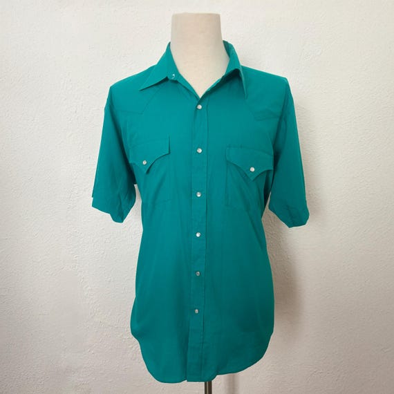 1980s Teal Pearl Snap Shirt, by Sheplers Size Medium to Large | 80s Vintage Short Sleeve Western Style Shirt (M, L, 50 Chest)